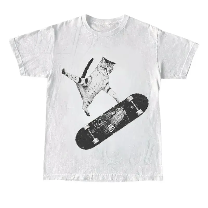 Vintage Style Emo Skater Cat Graphic Tshirt Casual Crewneck, Fantasy Kitten Tshirt, Cute Cat Shirt, Love Cat Tshirt,  Unisex Shirt Menswear Womenswear Streetwear trendy t-shirts