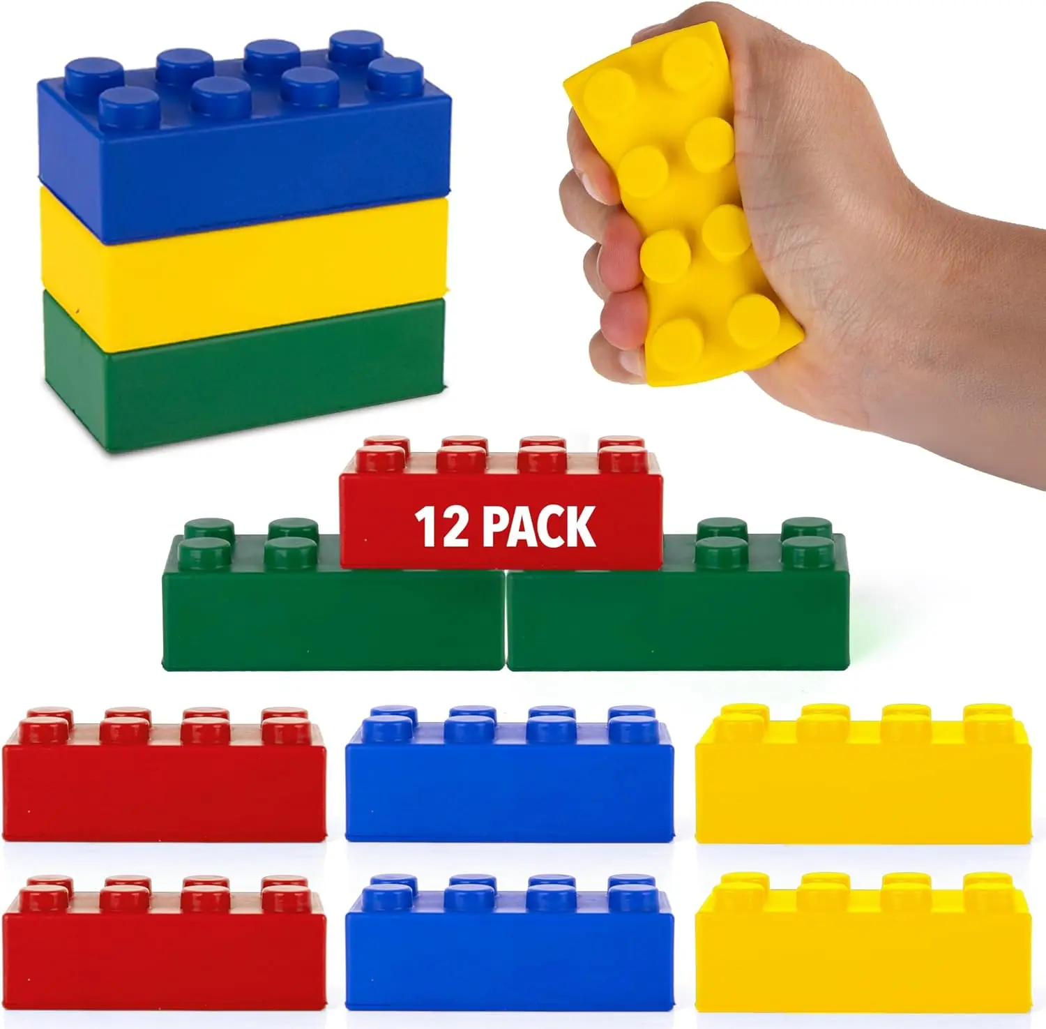 Building Block Stress Relief Squeeze Blocks, Set of 12, Foam Sensory Toys in 4 Colors