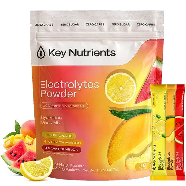 KEY NUTRIENTS Electrolytes Powder Packets – Variety Pack – Sugar Free Hydration Drink Mix – Keto Electrolytes Hydration Packets – Improved Refreshing Taste Lemonade, Peach Mango & Watermelon – 10 Pack