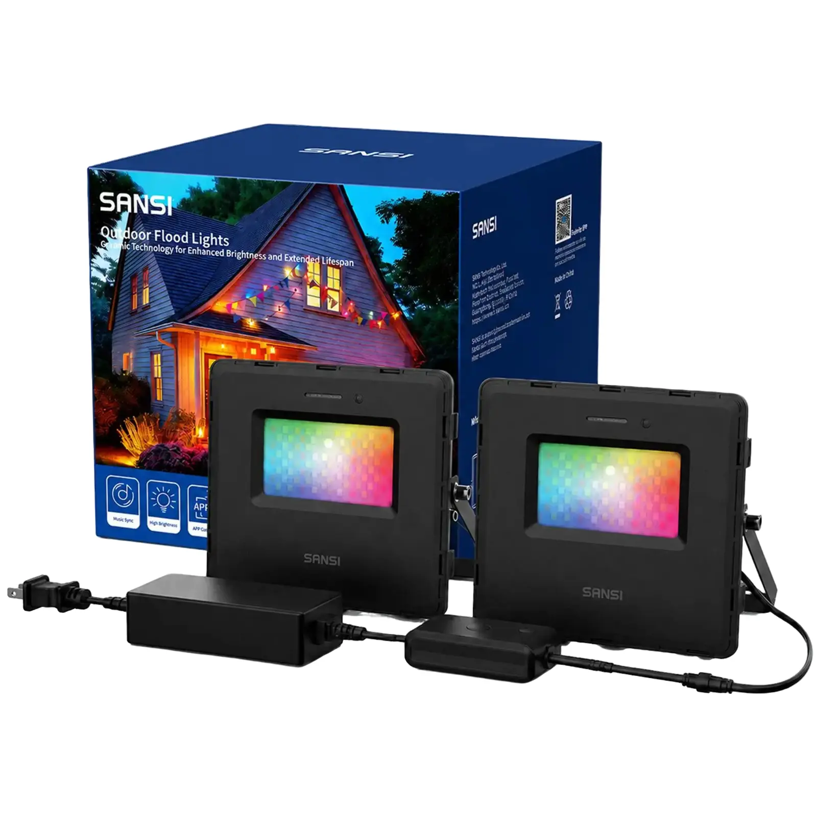 SANSI 72W BeatSync Cascade Floodlight - RGBIC Warm/Cold White LED Exterior Light, IP66 Rated Backyard Flood & Spot Lighting, Adjustable, Polycarbonate, Bluetooth App Control, 100 Scene Modes, AC Power Supply, Light Up Your Space