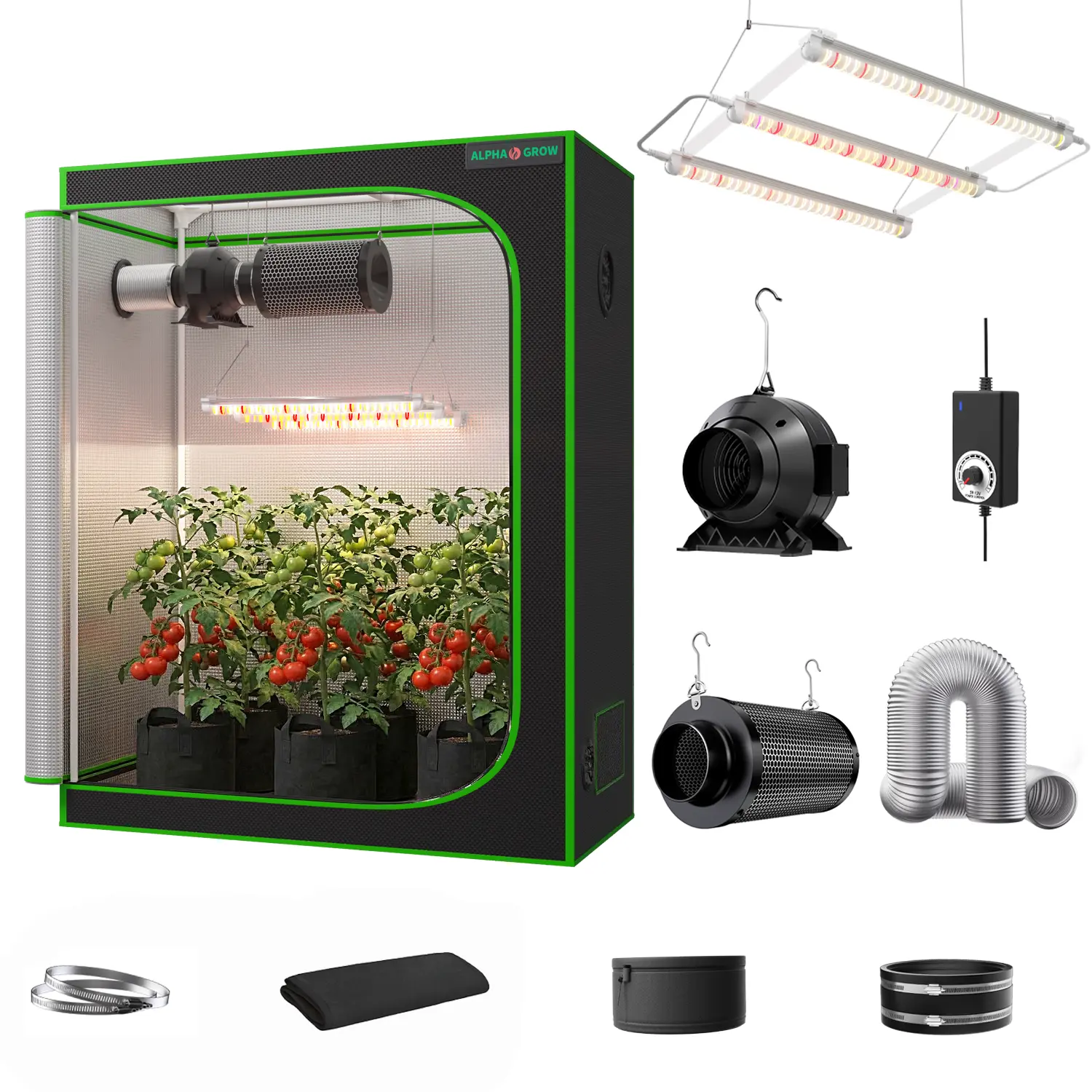 ALPHAGROW 1800D Heavy Duty Rectangle Greenhouse Tent Kit, 33W Full-Spec LED Adjustable Metal Light, 4-in Ventilation System, Zipper, Reflective Mylar, Waterproof 2 x 2 ft/2x4/4x4 Indoor Hydroponic Growing System, 100% Lightproof