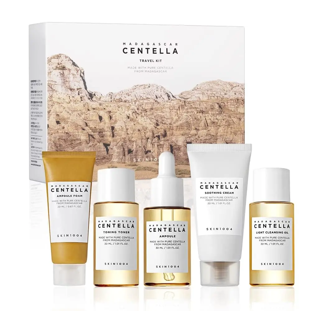 Madagascar Centella Travel Kit, Toner, Ampoule, Soothing Cream, Cleansing Oil, Ampoule Foam, Basic Skincare Box, Compact Size, Gift Sets, Mothers Day Gifts for Mom Gifts for Women, Trial Kit Calming Facial Mask Scent Sheet