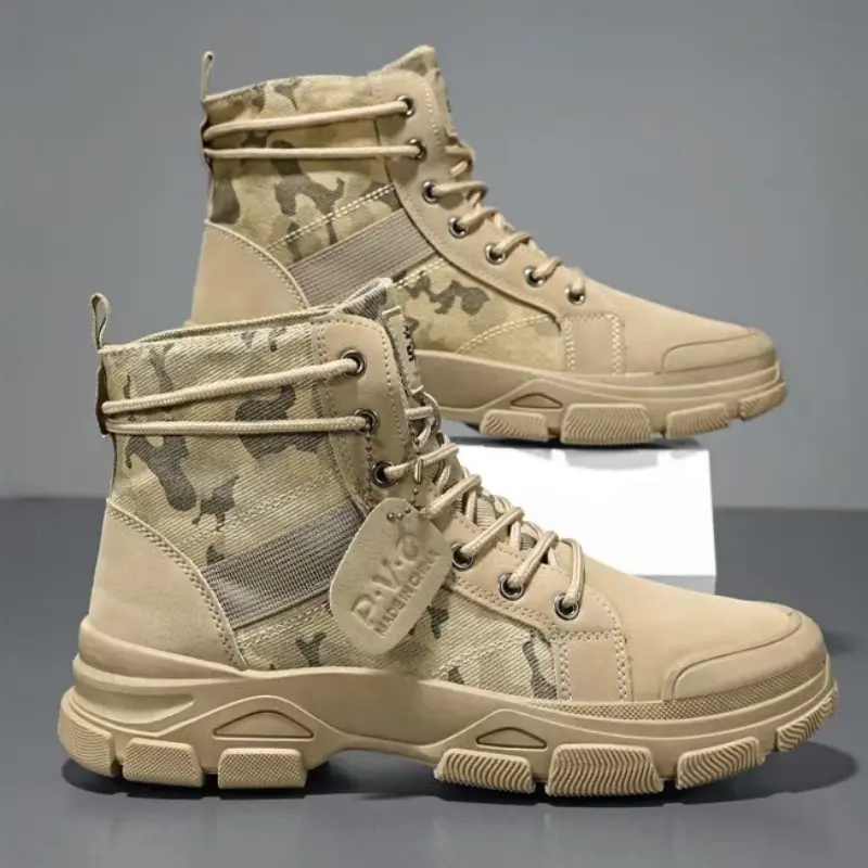 Large size comfortable men's anti slip and windproof high top lace up hiking boots, suitable for outdoor walking, running, and all season wear, motorcycle boots and military boots tactical boots