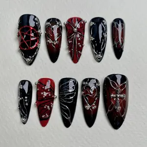 BloodHex Dark Metal Accent Press On Nails, Red Black Gothic Fake Nails