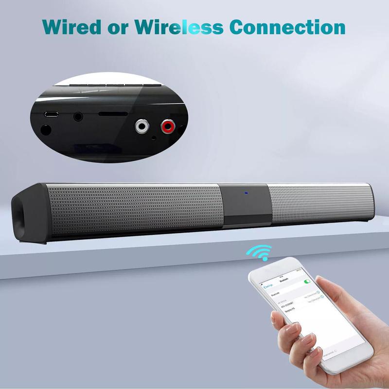Bluetooth Surround Soundbar Speaker for Smart TV Home Theater Wireless Rechargeable Sound Bar with RCA Cable Remote Control FM Radio 20W Full-Range Drivers