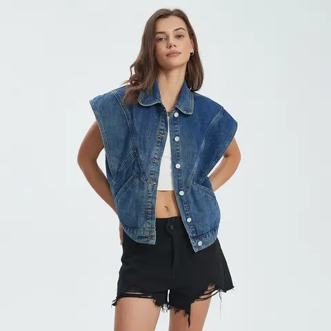 Women's Oversized Y2K Denim Vest Cap Sleeve Relaxed Cut All Season Western Country Jean Top with Slit Pockets