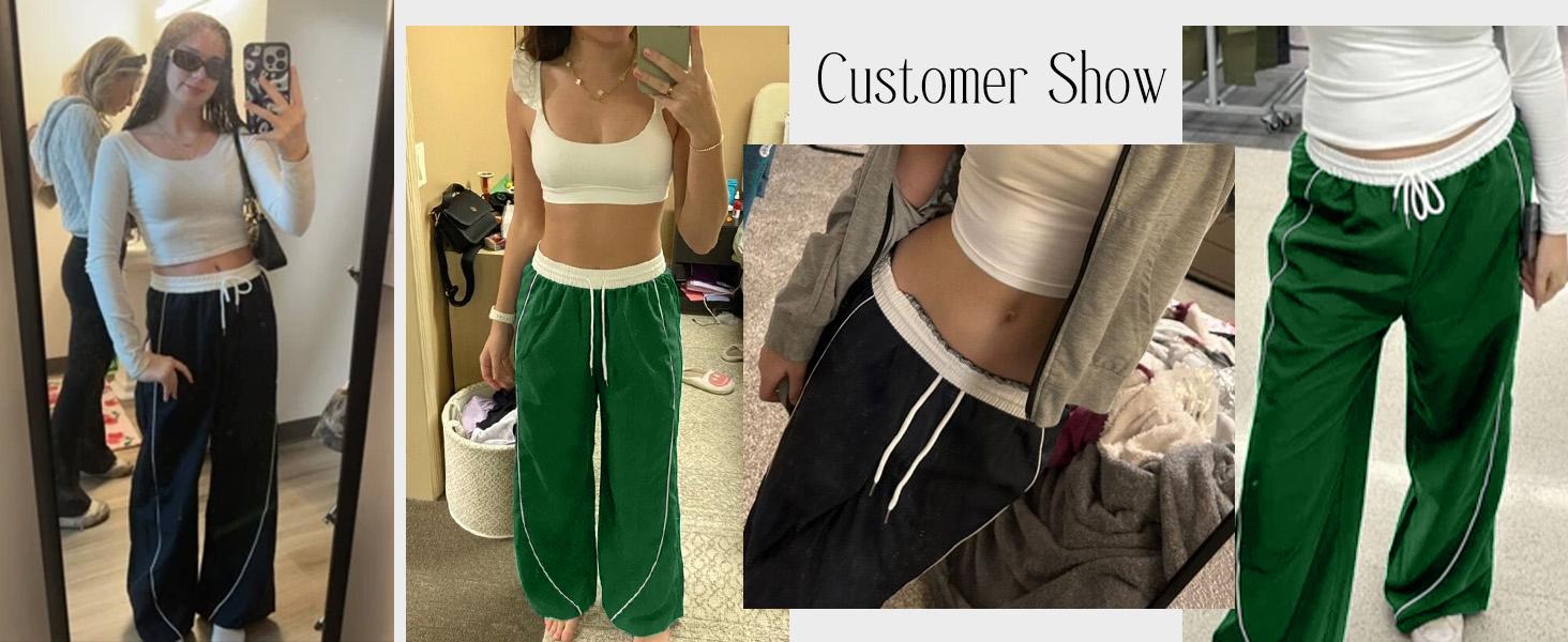 WoodBerry Women's Wide Leg Sweatpants Baggy Y2K Parachute Pants Slouchy Drawstring Belt Spring Summer Jogger Loose Track Pants with Pockets