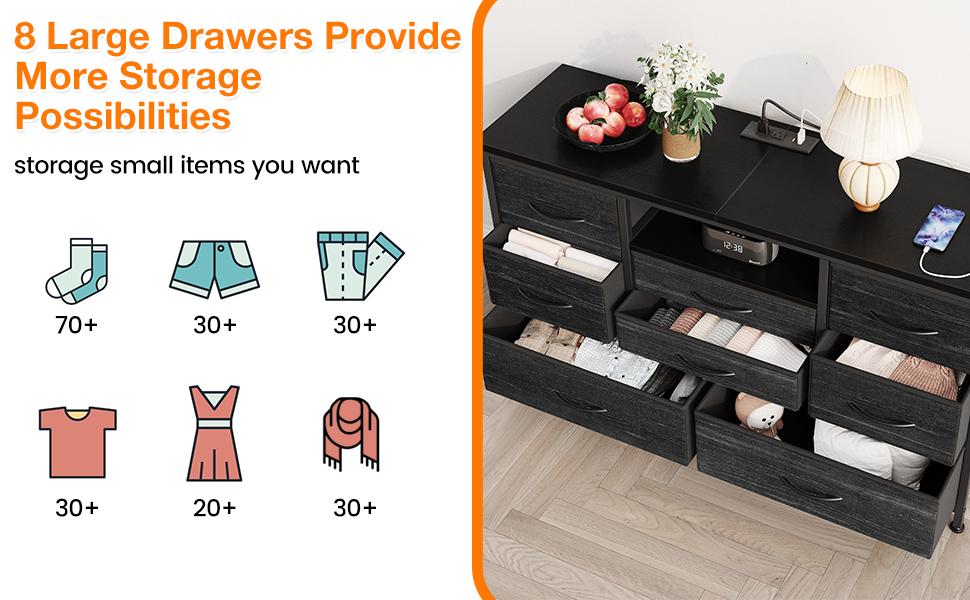 GARVEE Wide Dresser with 8 Large Drawers for 55" Long TV Stand, Fabric Drawer for Bedroom with Power Outlet, Chests of Drawers for Bedroom, Living Room, Closet, Entryway, Living Room Storage