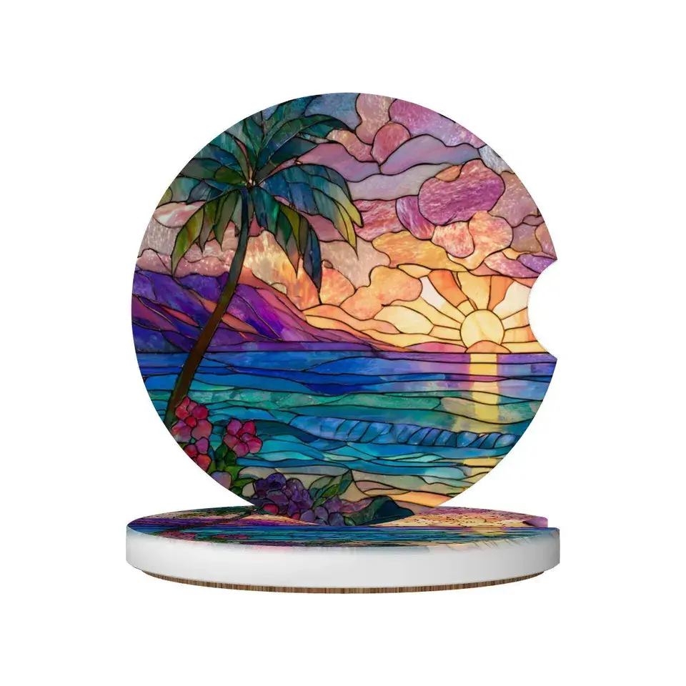 Set of 2 Tropical Sunset Stained Glass Printed Car Coasters, Beach Soapstone Car Cup Holders, Mosaic Artwork Interior Car Accessories, Car Decor Gift