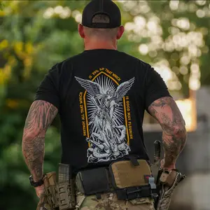 Men's Saint Michael Short-Sleeve Round Neck Compression T-Shirt - Angel Warrior Graphic, Good Versus Evil Christian Message, Military Tactical Menswear for Faith-Focused Strength Seekers (Gym, Streetwear Use) Black Sports Top, Shortsleeve