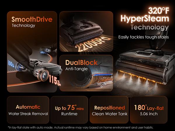 Tineco Floor One S9 Artist Steam Wet Dry Vacuum Cleaner, High-temp Steam Cleaning, 22kPa Suction, 360° SmoothDrive, Anti-Tangle Design, 185°F Flashdry, Long Runtime, 180° Lay-Flat