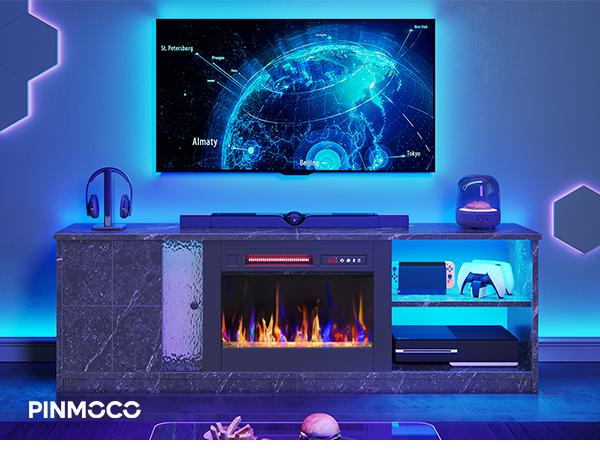 Pinmoco Electric Fireplace TV Stand for TVs up to 70", LED Entertainment Center With Cabinet & Shelves, TV Media Console Table for Living Room, Bedroom