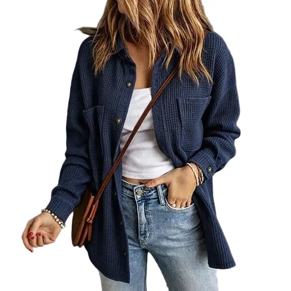 Flamingals Waffle Knit Button Up Pocket Front Collar Long Sleeve Shacket Womenswear