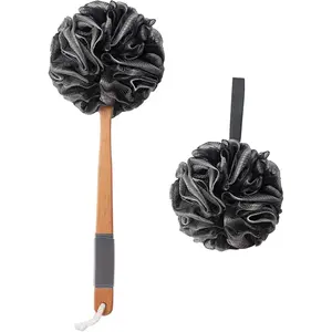 Shower Sponge Loofah Back Scrubber, PE Soft Mesh Loofah Body Scrubber with Long Wooden Handle, Bath Sponge for Men Women