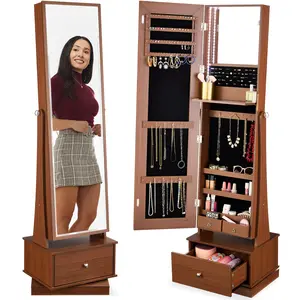 Best Choice Products 360 Swivel Standing Mirrored Jewelry Cabinet, LED-Lit Makeup Organizer w/ Mirror