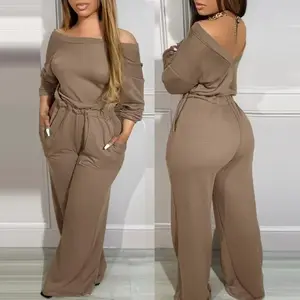 Women's Colorblock Off Shoulder Long Sleeve Jumpsuit V-Back Stretchy Waist Pocket Design Romper