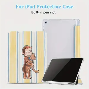 Yellow and White Striped Cat and Monkey Design Adjustable Stand Pen Slot Foldable Non-Slip TPU Protective Case for Samsung iPad Mini Air Pro 10th 11th Gen