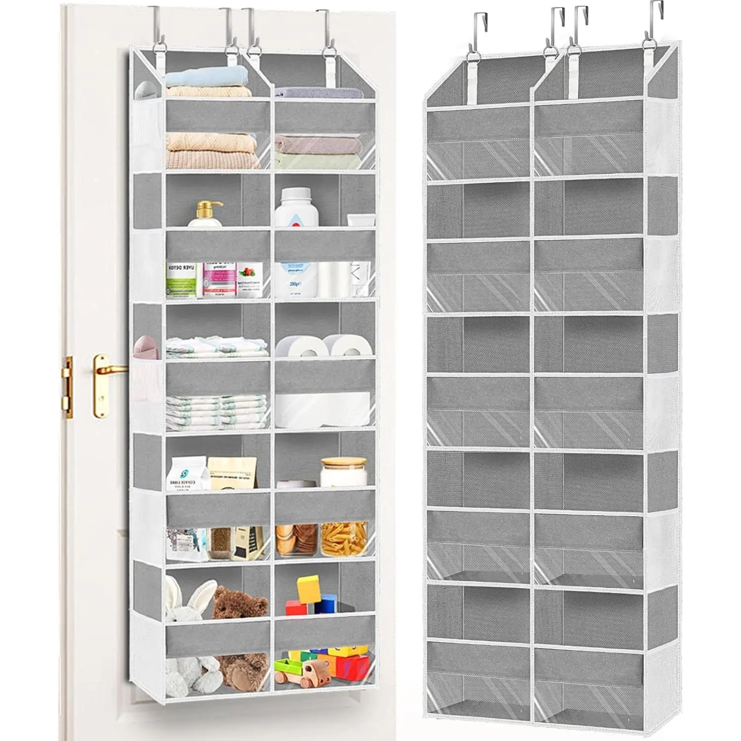 Over The Door Organizer 5Tiers, Extra Large Behind Door Storage of  Compartments, 80 lbs Weight Capacity Hanging Storage Organizer with Clear Window Kids Toys,Shoes,Diapers,Room Storage,Light Grey Durable Pouch Hangable