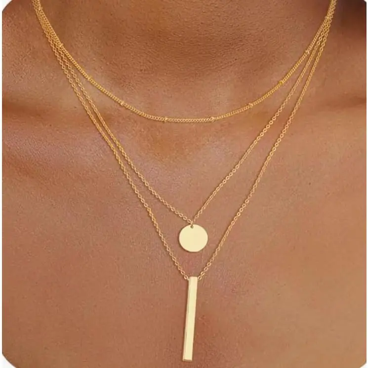 Golden round stick three-layer necklace