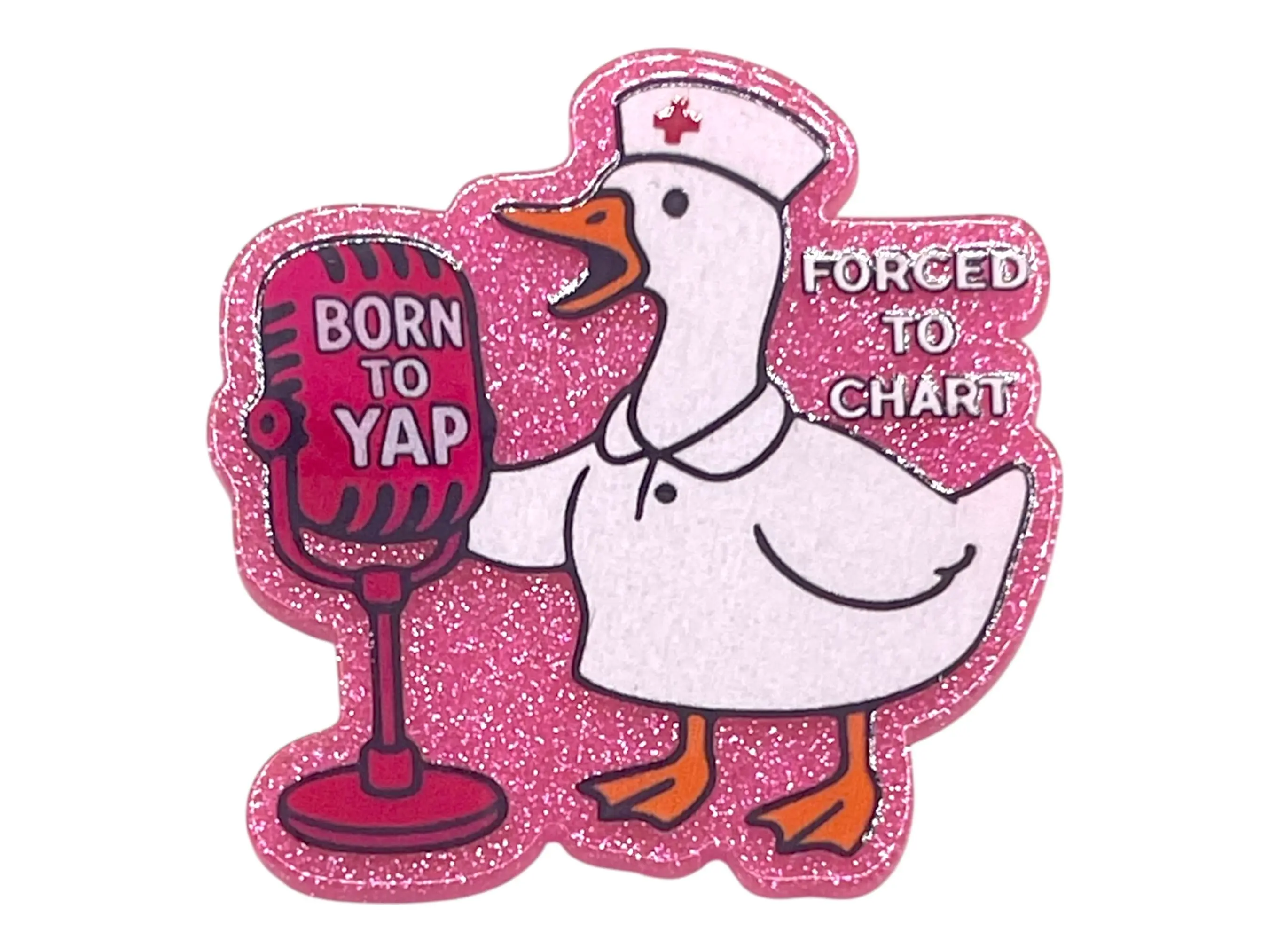 A pink duck acrylic badge