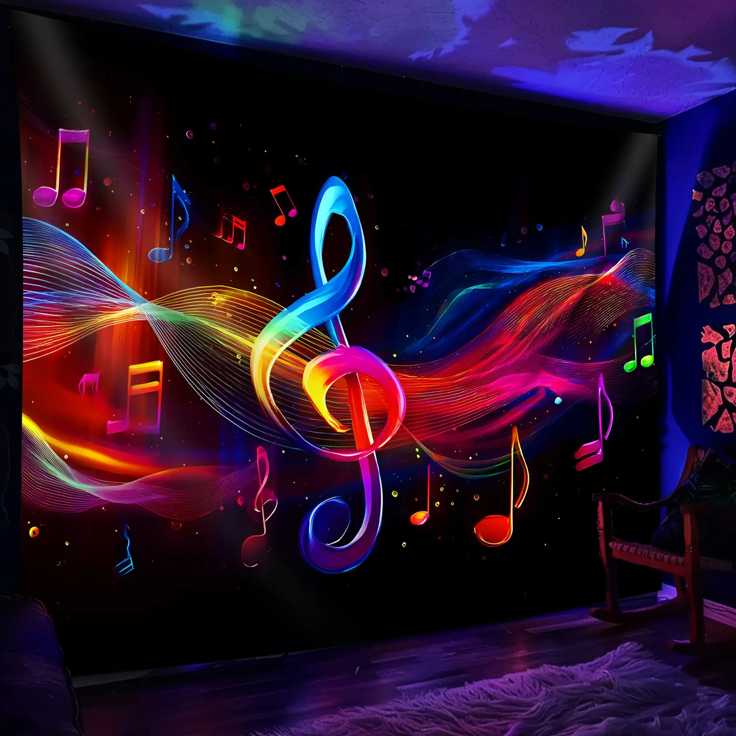 1 Piece Luminous Musical Note Tapestry - UV Reactive Fluorescent Wall Art, Treble Clef & Geometric Pattern, Large Peach Beige Anti-Wrinkle Fabric, Hand-Sewn No-Install House Decor for Bedroom, Party