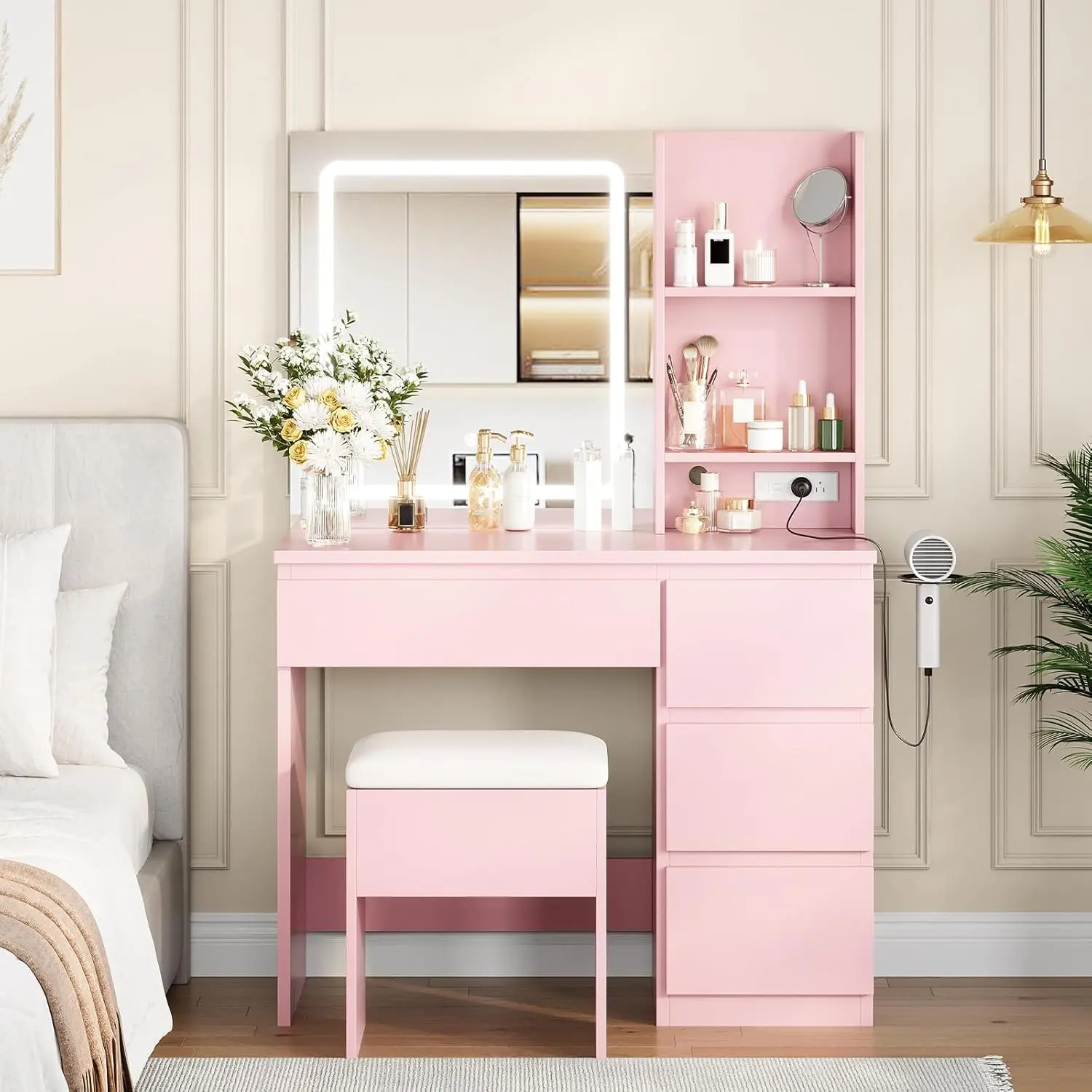 Vanity Desk with Mirror and Lights - Modern Makeup Dressing Table with  Outlets, Storage Stool, 4 Drawers & Hair Dryer Holder - 3 Colors LED Vanity  Mirror, Vanities for Bedroom, Pink - TikTok Shop