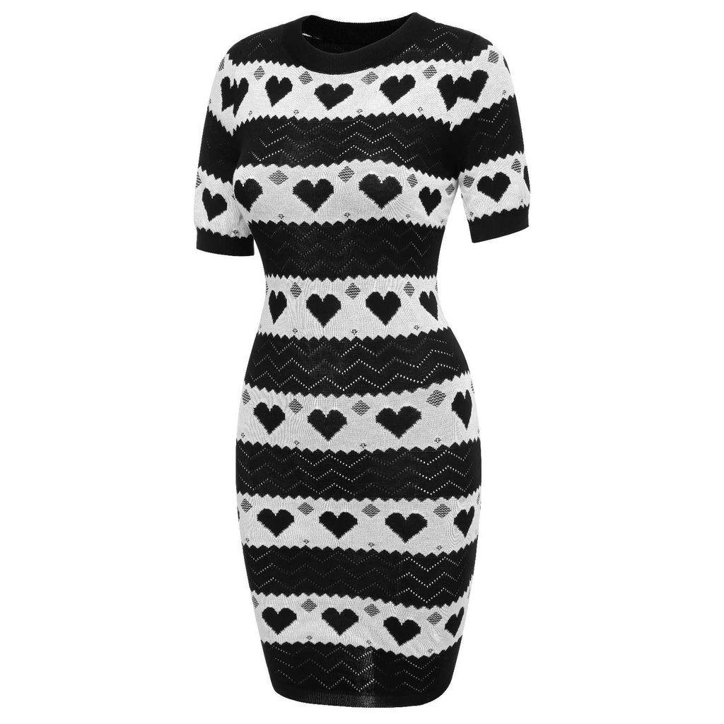BLACK 1960S CONTRASTING HEART KNITTING DRESS Casual Chic Outfit Casual Boho Elegant Round Neck Womenswear