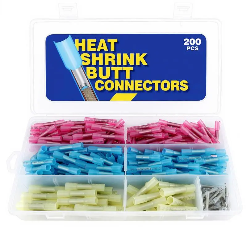 200PCS Heat Shrink Butt Wire Connector Kit, Insulated Waterproof Electrical Wire Crimp Terminals Butt Splice for Marine Automotive