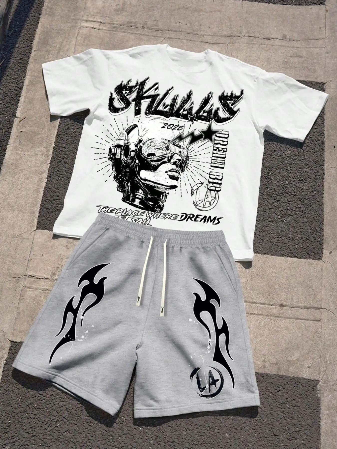 Men's Summer 2-Piece Set, Street Sports Style Letter Print T-Shirt and Outdoor Casual Drawstring Shorts, Fitted Outfit, Streetwear, Shorts Matching Set, Sporty Casual Set, Menswear