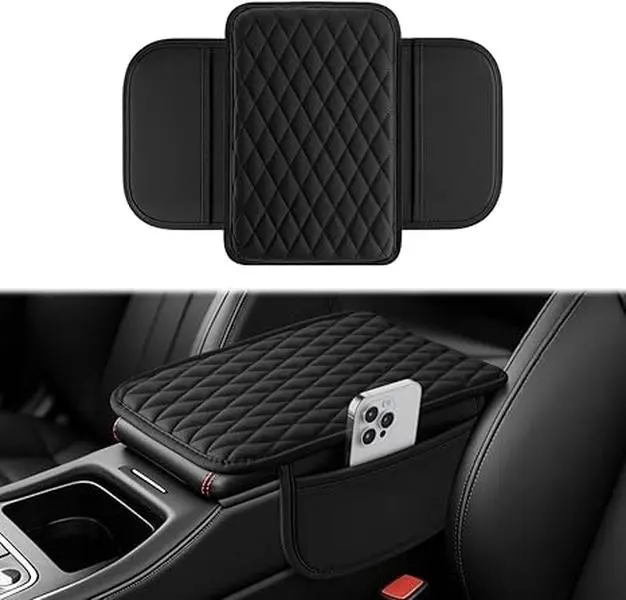 Amiss Car Center Console Cover, Upgraded Leather Car Armrest Cushion with 2 Storage Pockets, Universal Waterproof Cushion Pad, Non-Slip Car Interior Accessories, Fits Most Sedans SUVs Trucks