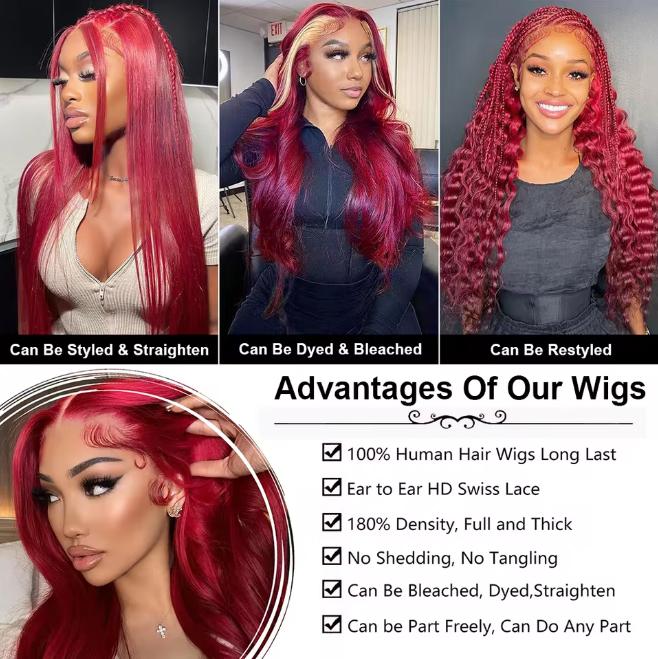 Bling Hair Burgundy 13x6 HD Lace Frontal Human Hair Wig Red Colored Lace Front Human Hair Wigs Body Wave Human Hair Wigs Pre Plucked 180%