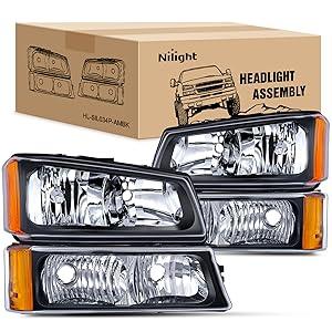 Nilight Headlight Assembly for 2003 2004 2005 2006 Chevy Silverado Avalanche 1500 1500HD 2500 2500HD 3500 Chevrolet Pickup Replacement Headlamp Housing Bumper Lamp Set