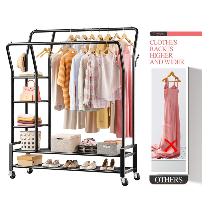 Raybee Clothing Rack with Shelves &Double Hanging Rods, Portable Clothes Rack with Wheels Rolling Garment Rack,  HangingClothing racks Holds Up to 245LBS, Metal Closet Rack, Clothes Organizer Solutions 43.3"Wx22"Dx70.3"H
