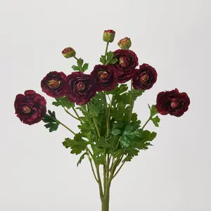 Blooming Dark Burgundy Persian Buttercup Ranunculus Bush Faux Floral Stem Bouquet - 19"