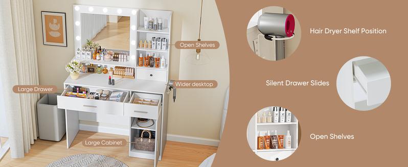 Vanity Desk with Adjustable Lighten Mirror & Power Outlet, Makeup Desk for Bedroom with a Storage Stool and 3 Drawers, 6 Storage Shelves, White Dresser for Girls