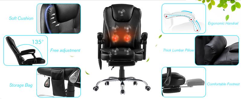 Aecojoy Office Chair with 7 Point Vibrating Massage & Heat Functions, Ergonomic Recliner Chair with Footrest, PU Leather Wide Computer Chair Executive Chair with High Back Lumbar Support, Cream White