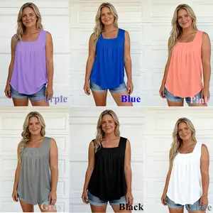 EncoLax Summer Tank Tops for Women Loose Fit Pleated Square Neck Sleeveless Tops Curved Hem Flowy