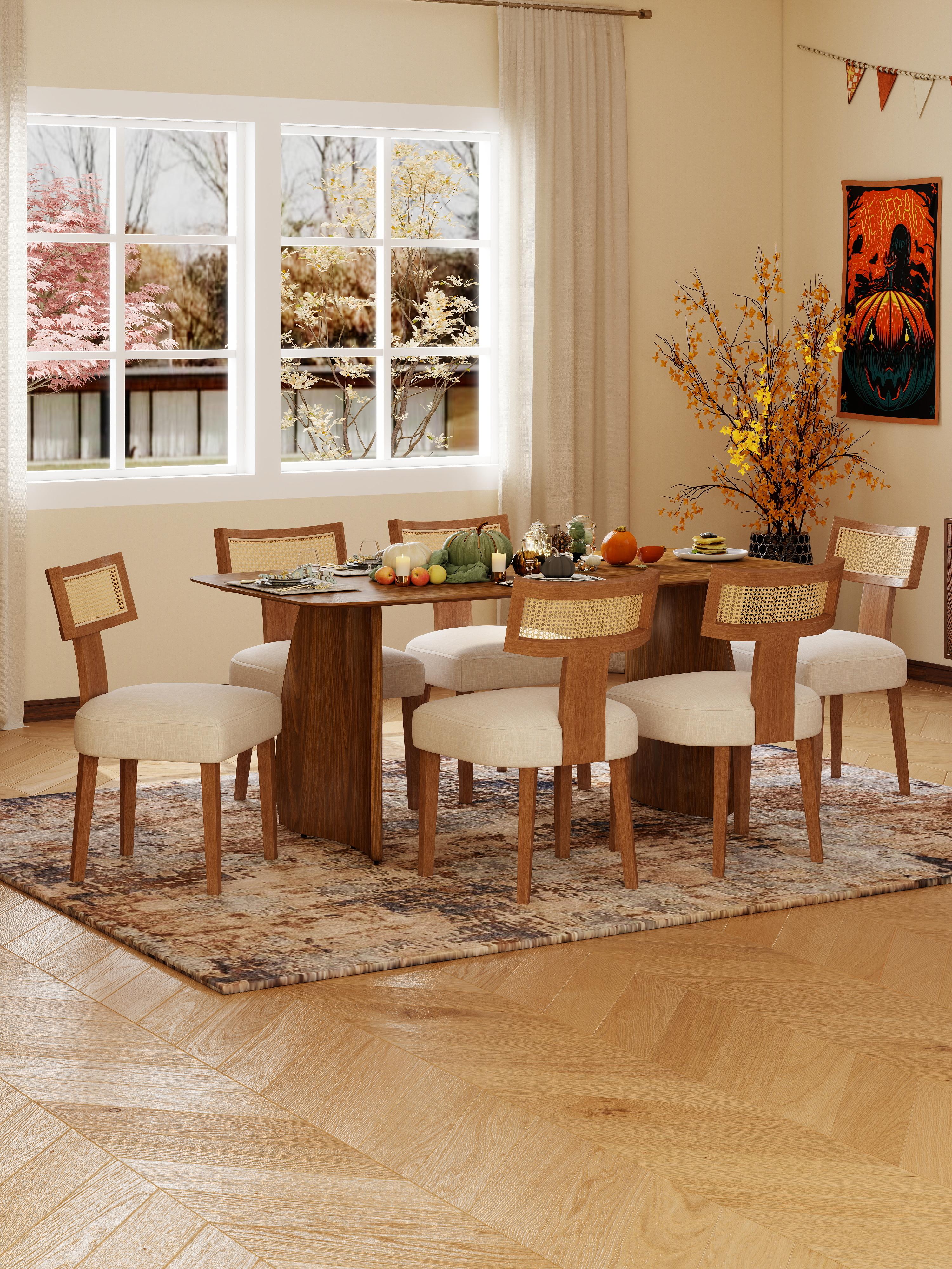 DAYALANE Payson Modern Cane Dining Room Chairs Set of 2 Nature Cane Back Upholstered Beige Light Wood Legs Ergonomic Curved Backrest for Mid Century Kitchen Party Furniture