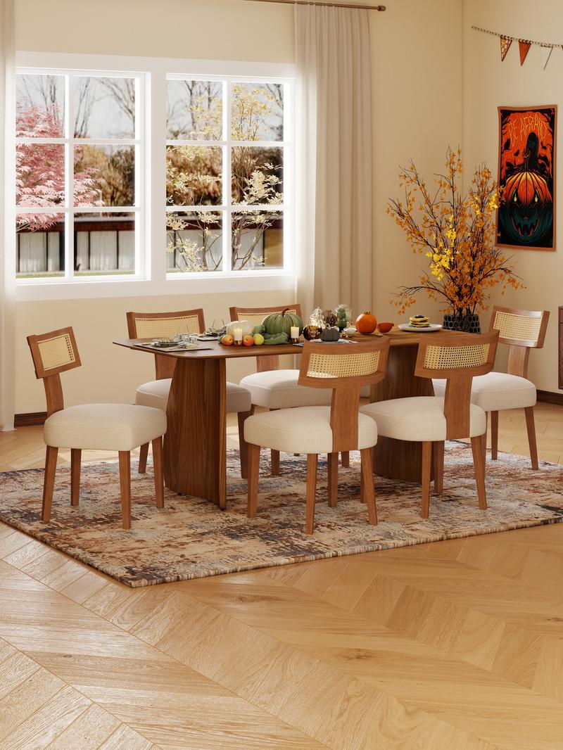 【Valentines'Day】DAYALANE Payson Modern Cane Dining Room Chairs Set of 2 Nature Cane Back Upholstered Beige Light Solid Wood Legs Ergonomic Curved Backrest for Mid Century Kitchen Party Furniture