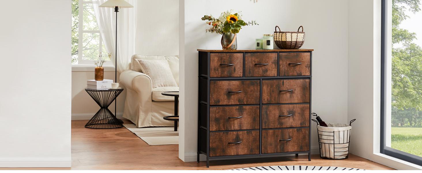 【New Color】Cupboards Cabinets Dresser - with 9 Drawers, Bedroom  Organizer, Steel Frame and Wood Top for Bedroom, Closet, Entryway