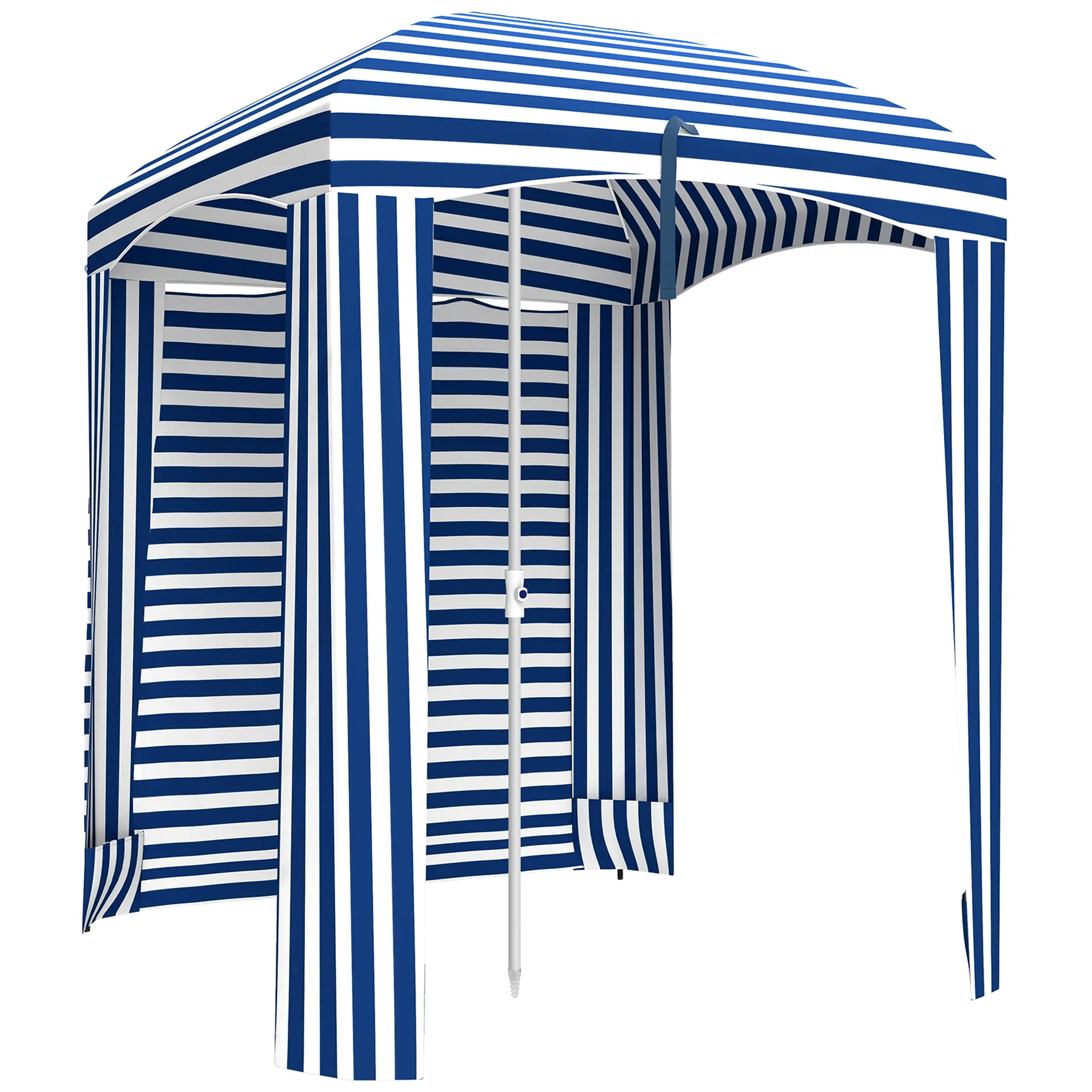 Outsunny 5.9'x5.9' Portable Beach Parasol - Blue White Stripe UV Prevention Fabric Canopy, Ruffled Privacy Outdoor Cabana, Sandbags, Ventilated Walls, Carry Bag, Patio Furniture Sun Protection
