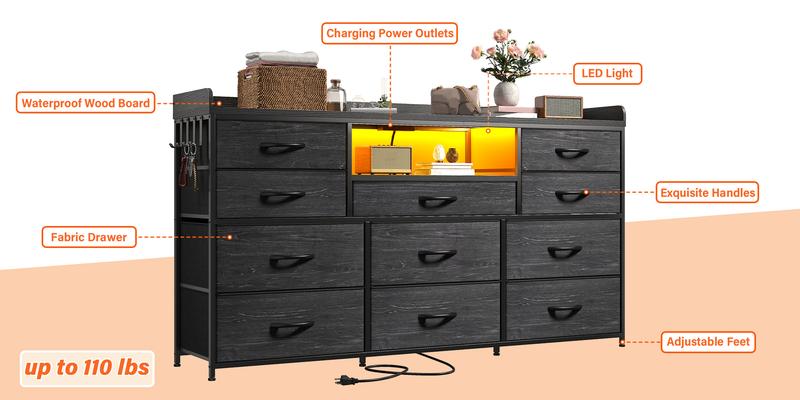 【Hot seller On Sale】Raybee Dresser for Bedroom with 8/11 Drawers, Up to 60" TV Stand for Bedroom with LED Lights & Charging Station, Sturdy Dresser with Shelves & 4 Hooks Sturdy Metal Frame & Fabric Drawers, Ideal Home Organizer for Bedroom,Hallway