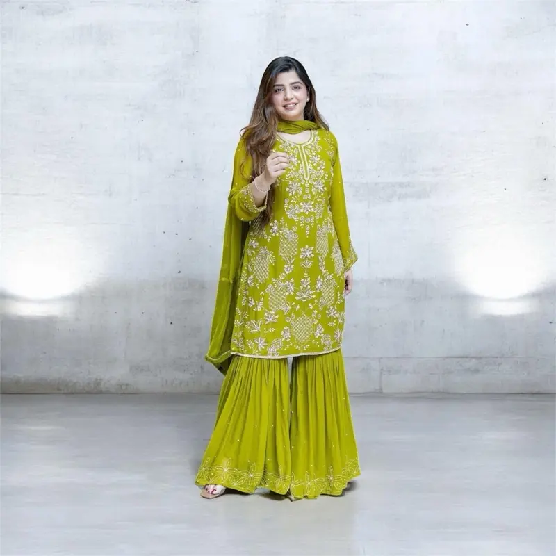 Women's Parrot Green Garara Set - Soft Georgette Fabric, Elegant Design Formal Clothes Perfect for Parties & Special Occasions, Party