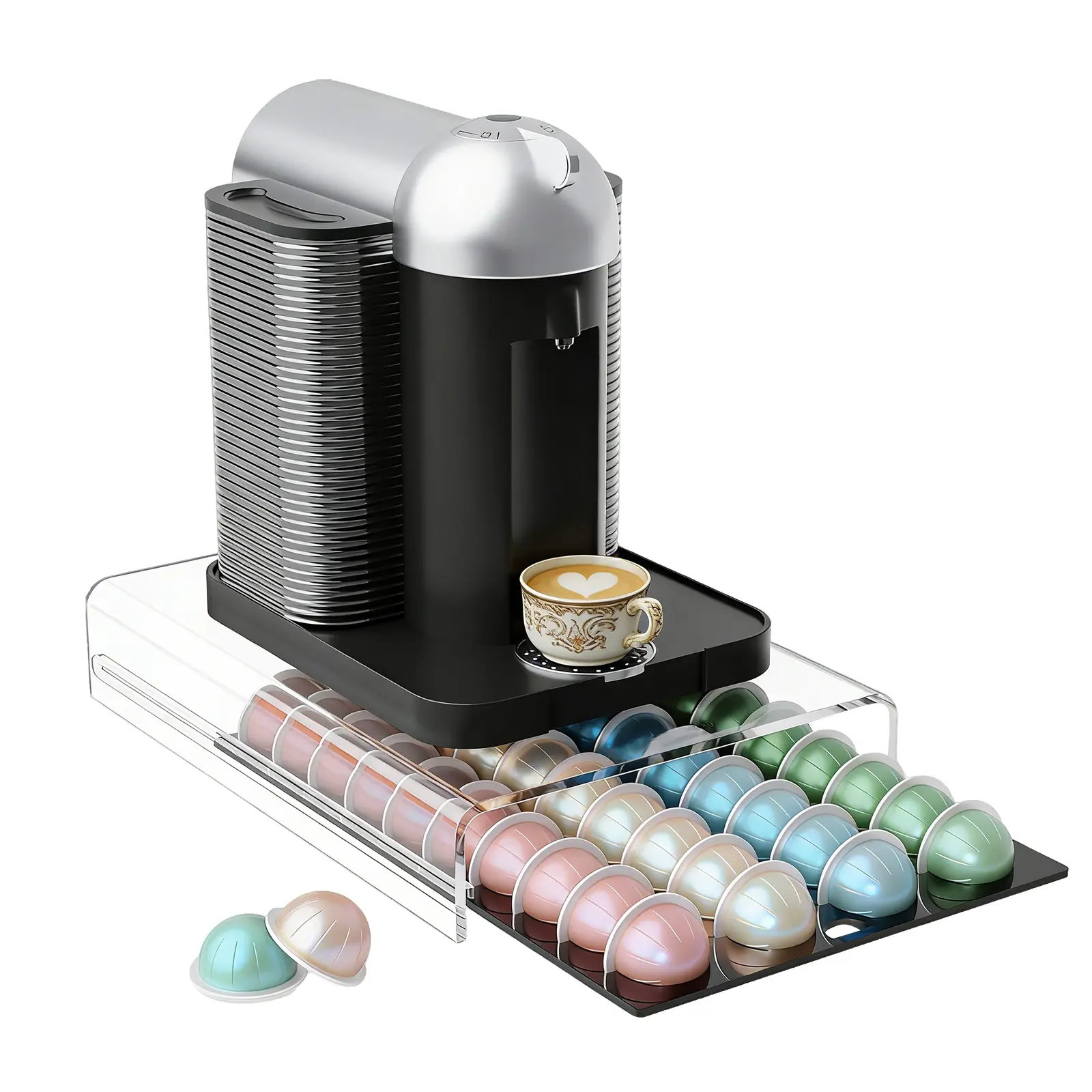 Pod Holder Drawer Holds 40 Capsules, Clear Acrylic Capsule Organizer with Sliding Drawer, Countertop Coffee Pod Storage, No Assembly Needed