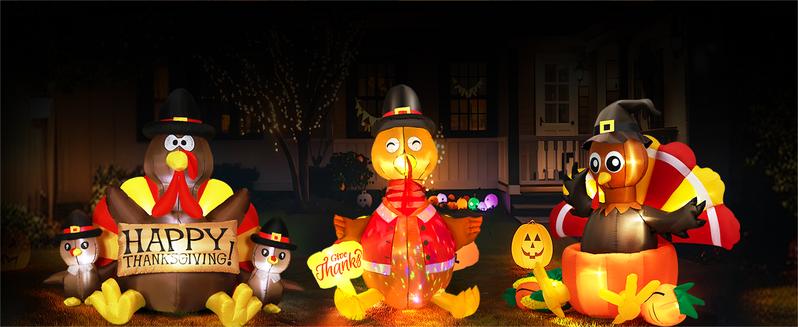 VIVOHOME Thanksgiving Inflatable Decoration LED Lighted Turkey Family Self-Inflating Easy Setup for Outdoor Lawn Garden Yard Patio Holiday Party Ornaments