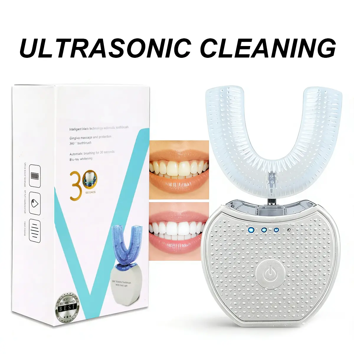 U-Shaped Electric Toothbrush with 360° Ultrasonic Cleaning, Hands-Free Blue Light Teeth Cleaner, 3 Modes, Portable & USB Rechargeable, Batteries, Ultrasound, Usb Port