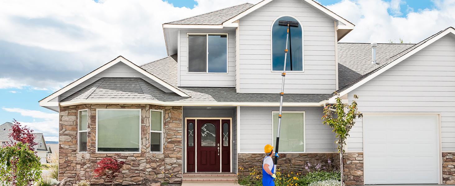 Adjustable Window Squeegee with 5-20ft Telescopic Pole 14" Oversized Head 2-in-1 Cleaning Kit for High Windows Glass RV Orange