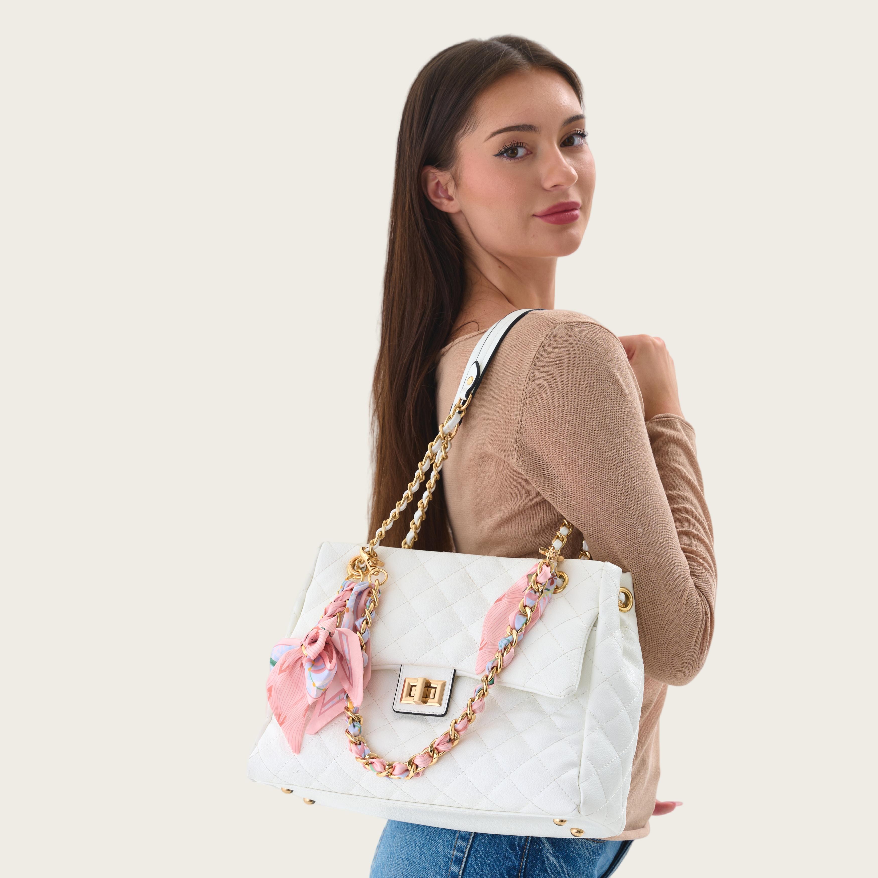 Elegant Bow Bag Charm – Floral Scarf Keychain with Gold Chain Accent, Stylish Purse Accessory for Women & Girls