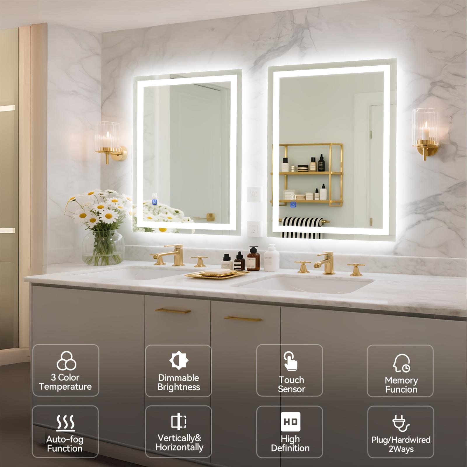 GALENTAL LED Bathroom Mirror with Lights Over Sink Dimmable Touch Control 3-Color Options Wall Mounted Defogging Memory Timing Tempered Glass Modern White Decor Home Interior