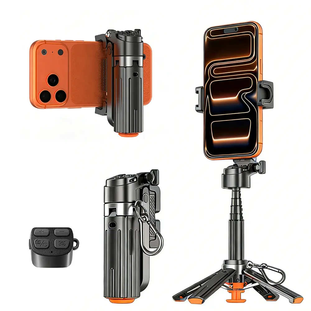 INFOJIFA 2026 Upgraded Foldable Alloy Mini Selfie Stick Grip - 360° Rotatable, Bluetooth Remote, Detachable Cellphone Phone Holder, Anti-Slip Grip Calms Shake, Lightweight Compact, Tripod Selfie Accessories, Vlogging Gear, Compatible with Most Smartphones